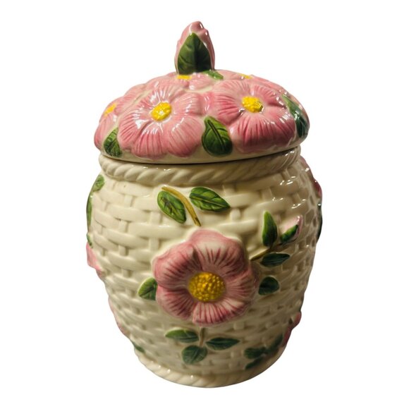 Vintage Fitz & Floyd Floral Ceramic Cookie Jar W Lid - Pink Flower Basket Design - Picture 2 of 8